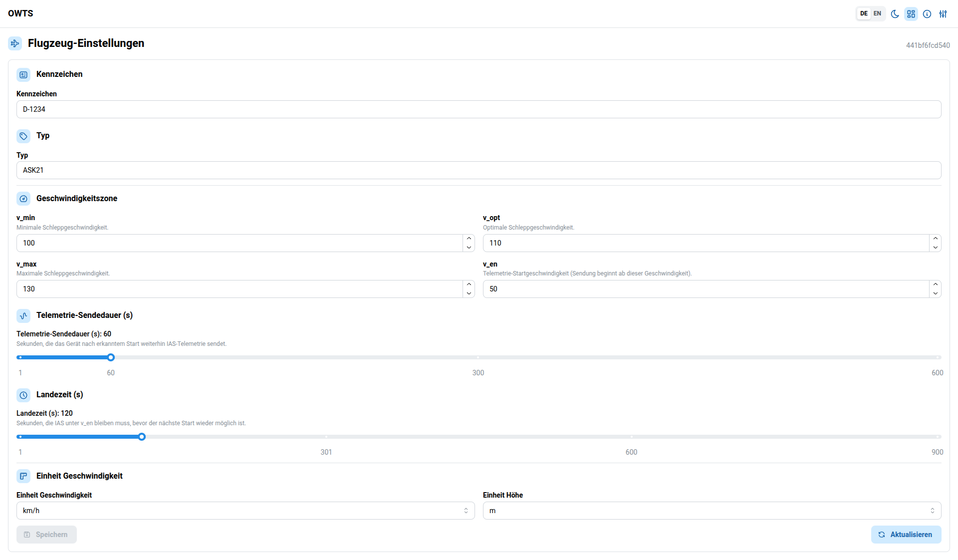 OWTS frontend – Aircraft settings