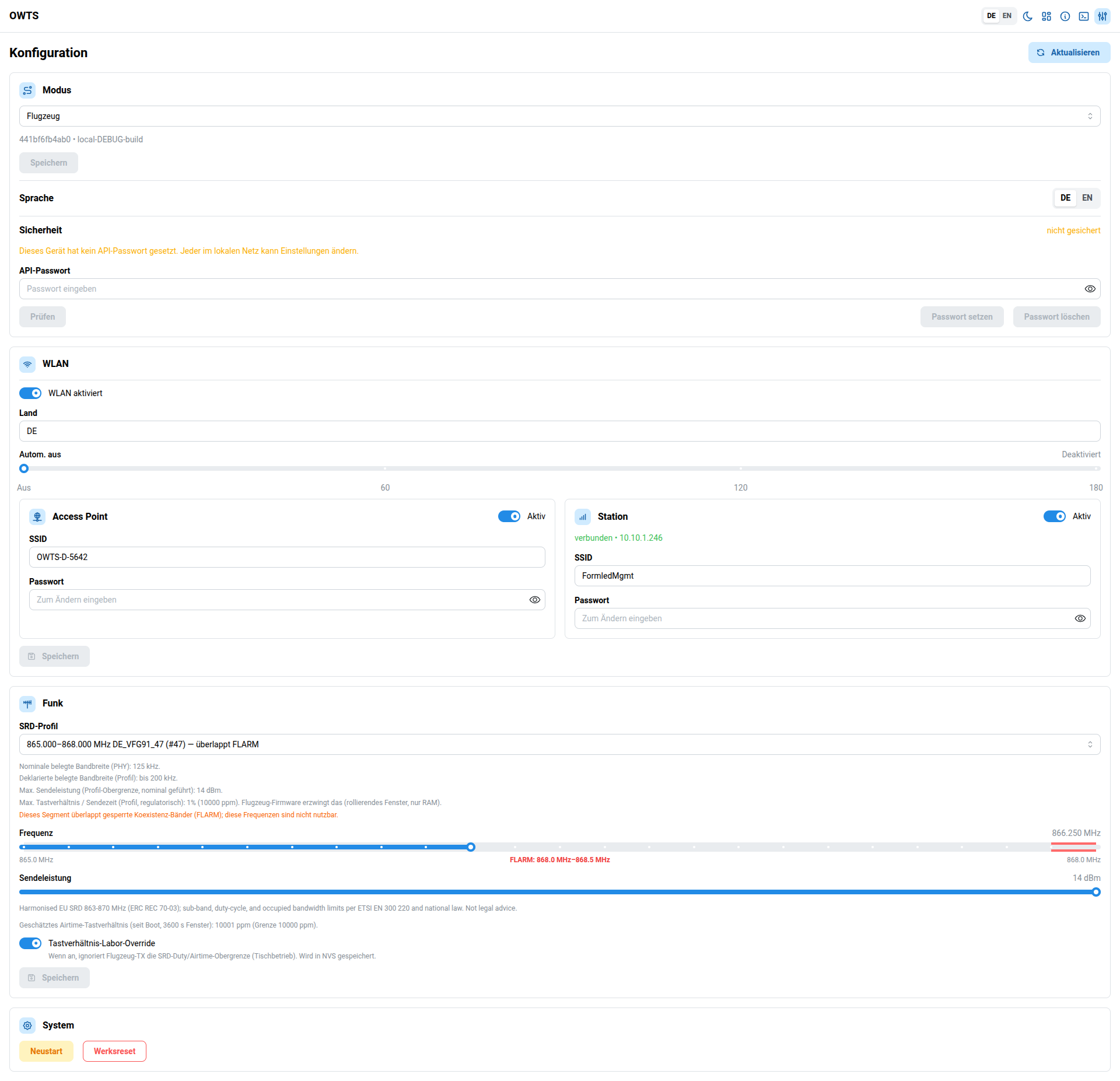 OWTS frontend – Config (aircraft)