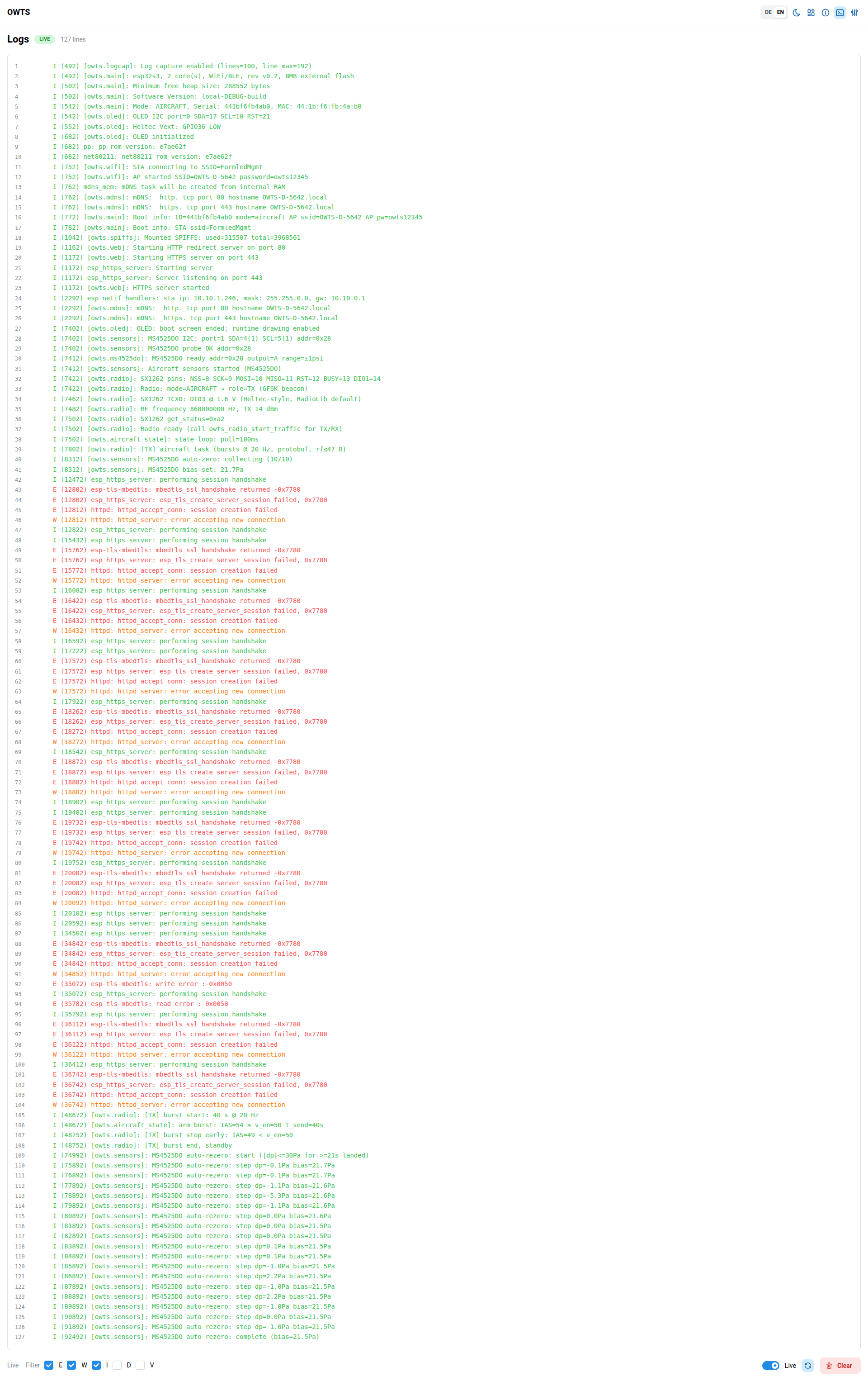OWTS frontend – Logs page